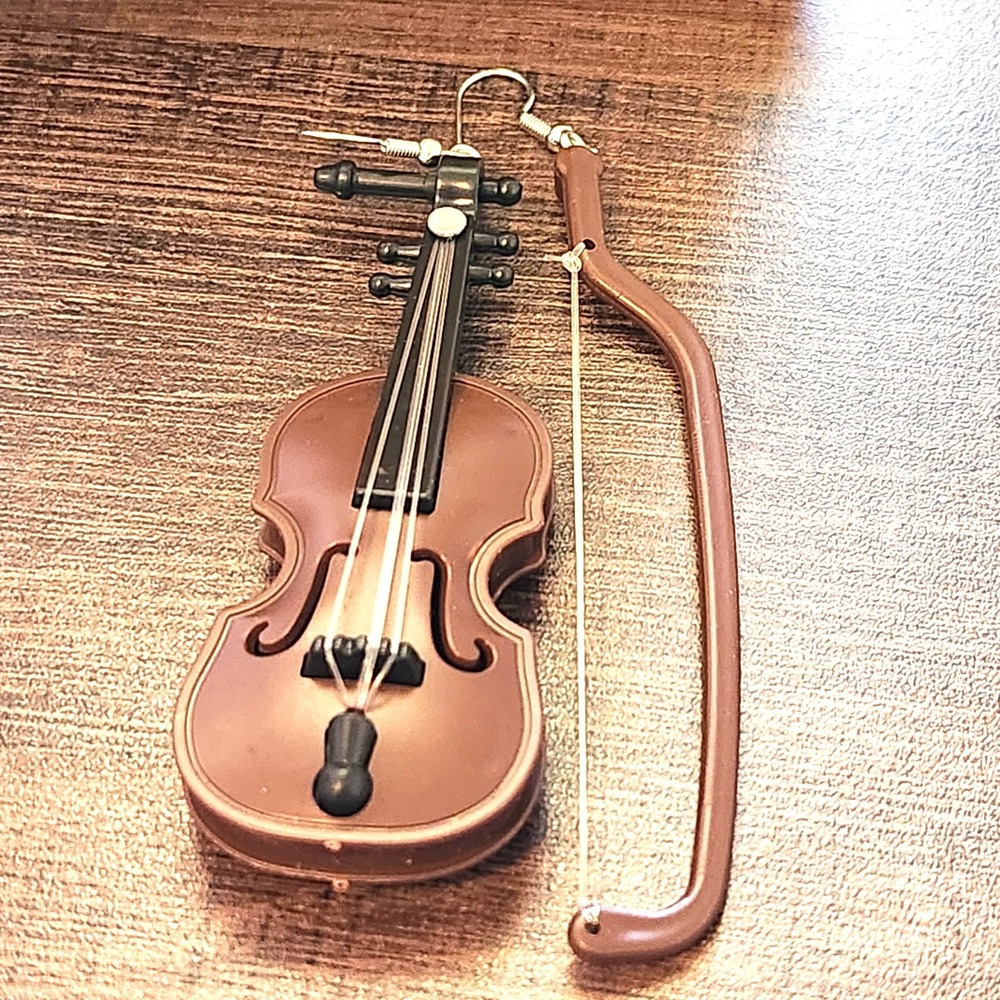 Novelty Violin & Bow Mismatched Dangle Earrings Brown Musical Instrument Jewelry